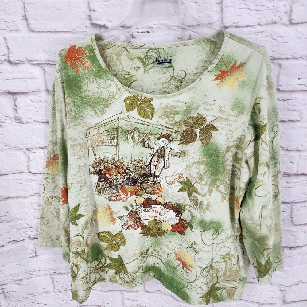 Basic Editions Boho Cottagecore Top Fall Scarecrow Pumpkin Novelty Size 2XL XXL